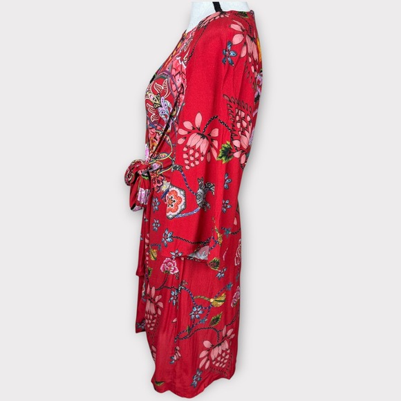 Desigual Red Floral Print Tie Front Dress Knee Length Long Sleeve Size 42 US 8 M - Picture 11 of 15